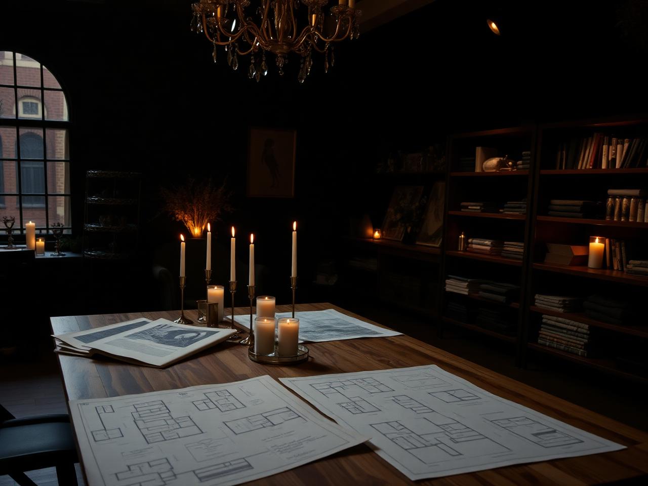 Event design atelier with candlelit floor plans and fabric swatches