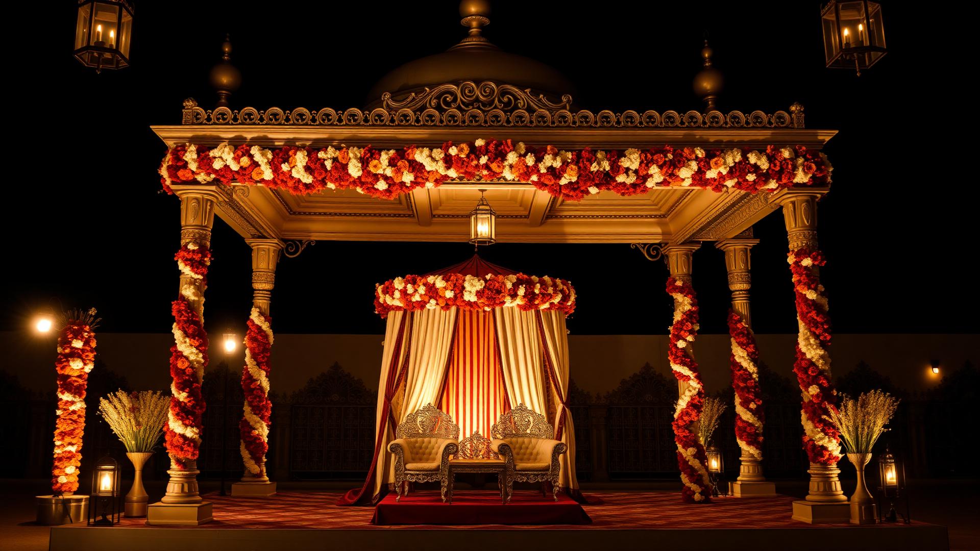 A floral mandap lit by lanterns